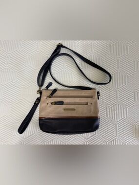 Stone & Co Small Beige and Blue Leather Adjustable Crossbody Shoulder Bag Purse